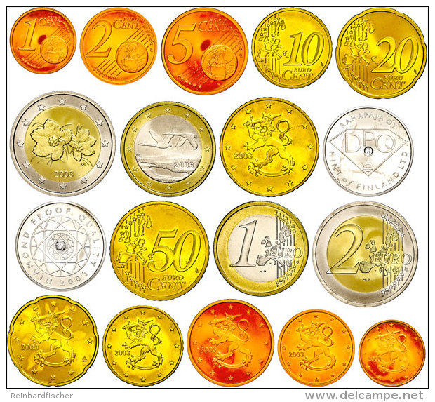 2003, Finnland Euro - KMS 1 Cent Bis 2 Euro, Silbermedaille Mit 0,02c Diamant, In Holzschatulle Mit OVP Und... - Other & Unclassified