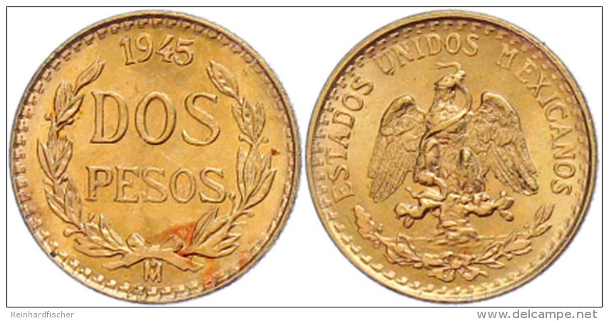 2 Pesos, Gold, 1945, Vz-st.  Vz-st2 Peso, Gold, 1945, Extremly Fine To Uncirculated.  Vz-st - Mexico
