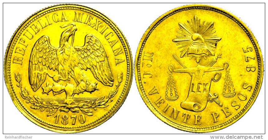 20 Pesos, Gold, 1870, Mo-C, Fb. 119, Randschlag, Ss-vz.  Ss-vz20 Peso, Gold, 1870, Mo-C, Fb. 119, Edge Bump,... - Mexique