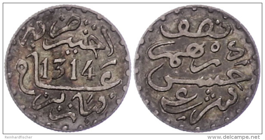 1/2 Dirham (1,43g), 1896 (AH 1314), Moulay Al-Hasan I., KM 4, Vz-st.  Vz-st1 / 2 Dirham (1, 43g), 1896... - Morocco