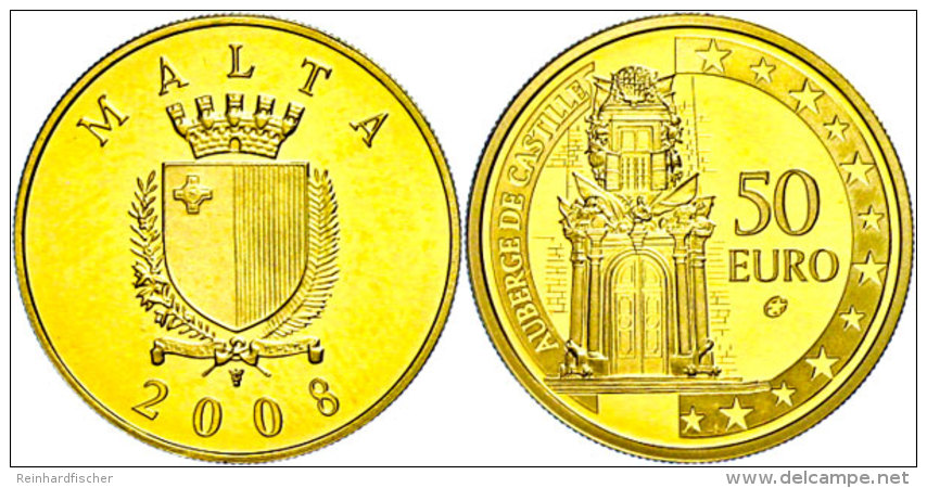 50 Euro, Gold, 2008, Auberge De Castille, Ca. 5,95g Fein, Auflage Nur 3000 St&uuml;ck, Sch&ouml;n 134, KM 137, Mit... - Malta