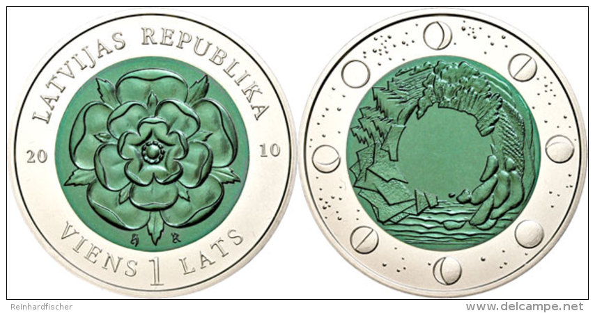 1 Lats, 2010, Heraldische Rose - Gr&uuml;n Oxidiert, KM 114, Sch&ouml;n 115, Im Etui Mit Kapsel Und Zertifikat,... - Latvia