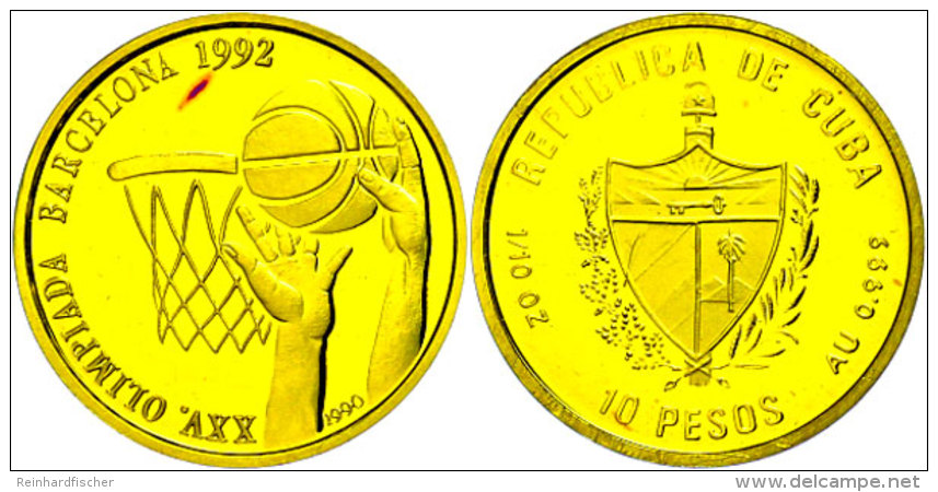 10 Pesos, Gold, 1990 (gepr&auml;gt 1992), XXV. Olympische Sommerspiele 1992 In Barcelona, Rs.: Korbwurf Beim... - Cuba