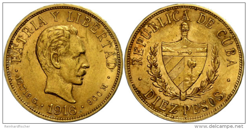 10 Pesos, Gold, 1916, Jos&eacute; Marti, Fb. 3, Kl. Rf., Ss-vz.  Ss-vz10 Peso, Gold, 1916, Jos&eacute; Marti,... - Cuba
