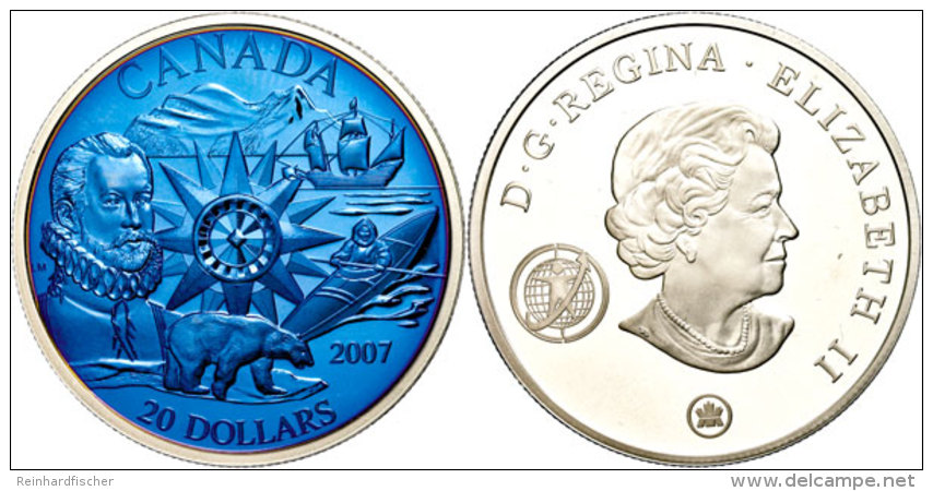 20 Dollars, 2007, 4. Internationales Polarjahr 2007 - 2009 (blau Koloriert), KM 737.2, Sch&ouml;n 718.2, Im Etui... - Canada