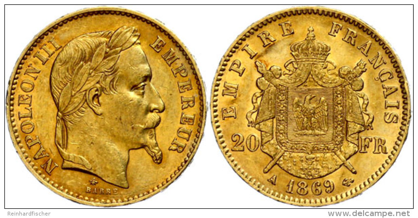 20 Francs, Gold, 1869, Napoleon III., Mzz A Paris, Fb. 584, Gadoury 1062, Ss-vz.  Ss-vz20 Franc, Gold, 1869,... - Other & Unclassified