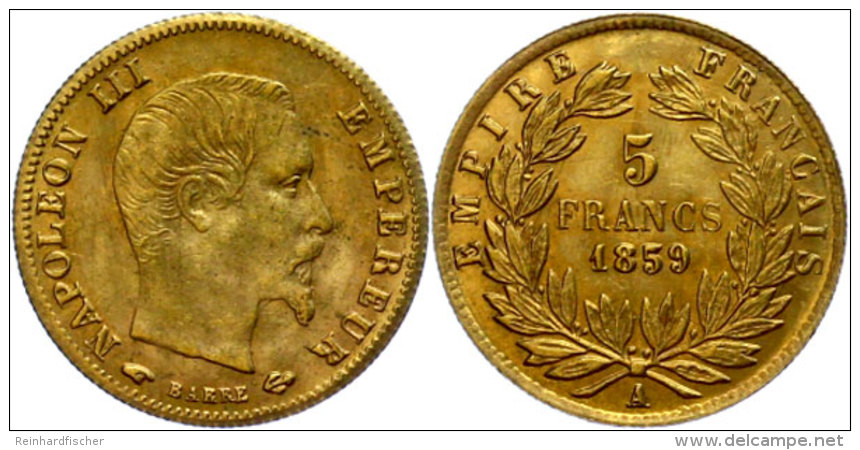 5 Francs, Gold, 1859, Napoleon III., Mzz A Paris, Fb. 578 A, Gadoury 1001, Ss.  Ss-vz5 Franc, Gold, 1859,... - Autres & Non Classés