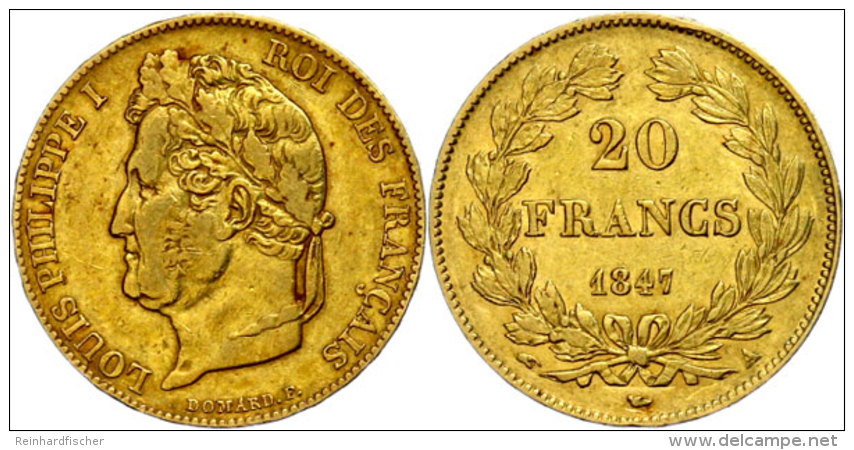 20 Francs, Gold, 1847, Louis Philippe I., Mzz A Paris, Fb. 560, Gadoury 1031, Ss.  Ss20 Franc, Gold, 1847,... - Autres & Non Classés