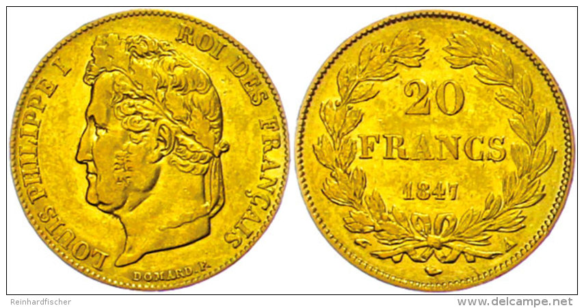 20 Francs, 1847 A (Paris), Gold, Louis Philippe I., Wz. Rf., Ss  Ss20 Franc, 1847 A (Paris), Gold, Louis... - Other & Unclassified