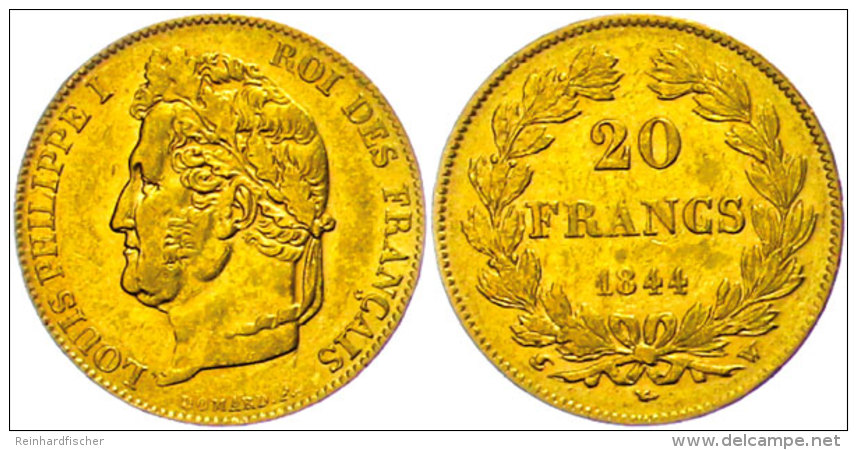 20 Francs, 1844 W (Lille), Gold, Louis Philippe I., Kl. Rf., Ss+.  20 Franc, 1844 W (Lille), Gold, Louis... - Other & Unclassified