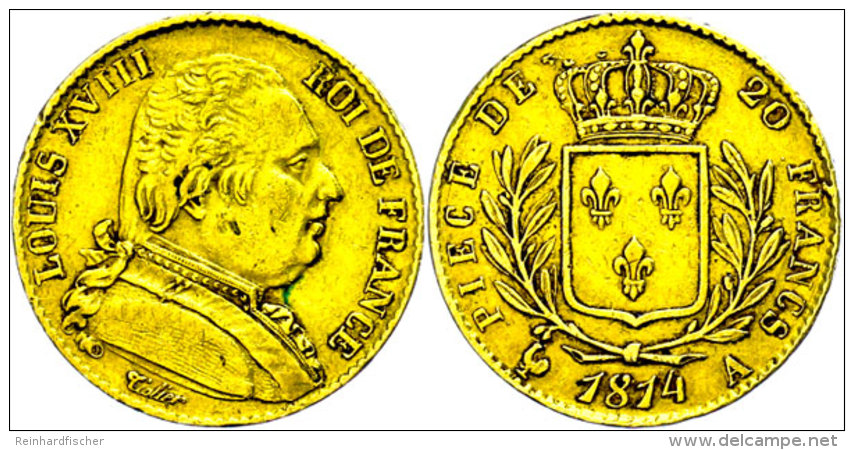 20 Francs, Gold, 1814, Louis XVIII., Mzz A Paris, Fb. 525, Gadoury 1026, Minimale Randfehler, Ss-vz.  Ss-vz20... - Other & Unclassified