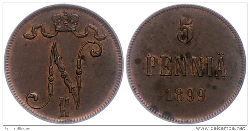 5 Penni&auml;, 1899, Nikolaus II., Bitkin 444, Vz.  Vz5 Penni&auml;, 1899, Nikolaus II., Bitkin 444, Extremley... - Finland