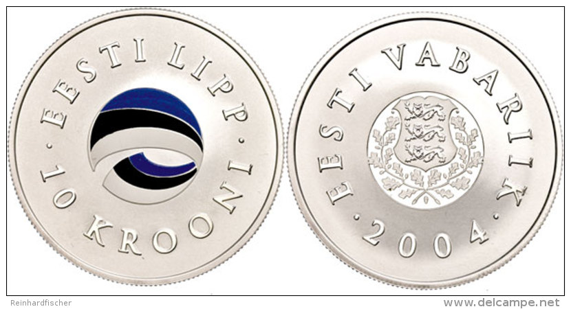 10 Krooni, 2004, 120 Jahre Nationalflagge Von Estland (Tampondruck), KM 40, Sch&ouml;n 40, Im Etui Mit Kapsel... - Estonia