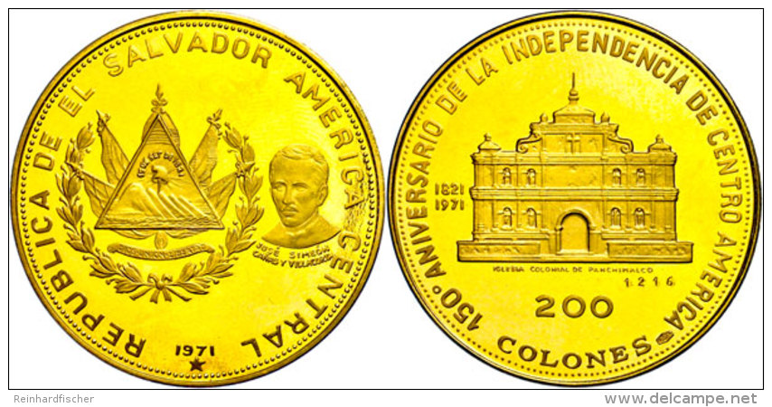 200 Colones, Gold, 1971, 150 Jahre Unabh&auml;ngigkeit, Panchimalco Kirche, Fb. 6, Eingepunzte Nummer 1216, Auflage... - Sonstige – Amerika