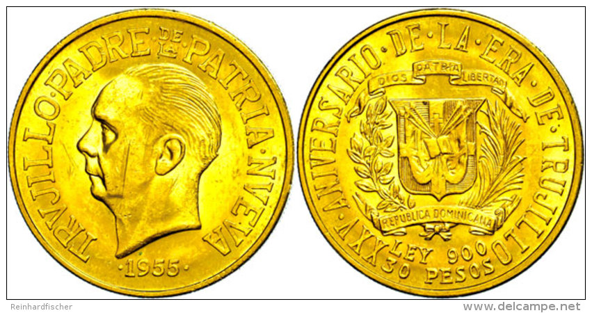 30 Pesos, Gold, 1955, President Trujillo, Fb. 1, Kratzer, Kl. Rf., Vz+.  30 Peso, Gold, 1955, President... - Dominicana