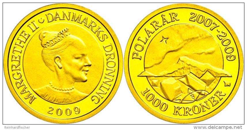1000 Kronen, Gold, 2009, Nordlicht, Mineralien Und Magnetischer Nordpol, 7,78g Fein, KM 934, Mit Zertifikat In... - Denmark