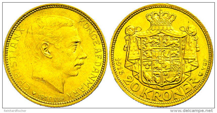 20 Kronen, Gold, Christian X., Fb. 299, Kl. Rf., Vz.  Vz20 Coronas, Gold, Christian X., Fb. 299, Small Edge... - Dinamarca