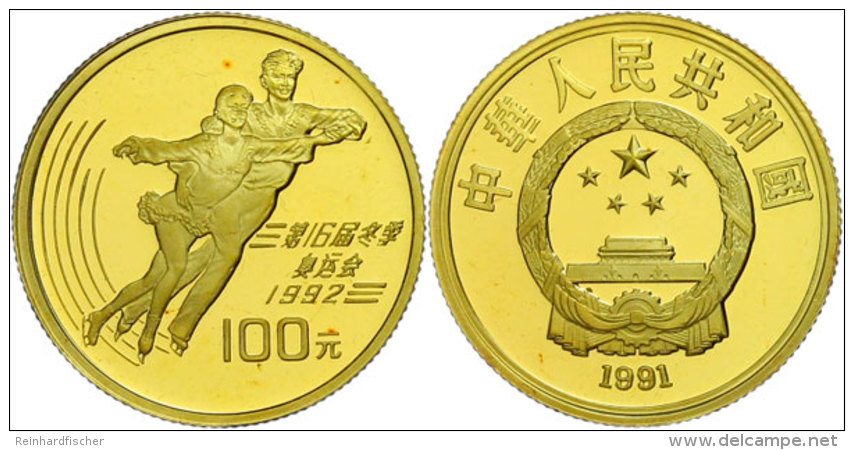 100 Yuan, Gold, 1991, XVI. Olympische Winterspiele 1992 In Albertville-Eispaarlauf, 999er Gold, 10,36 G, Fb. 51, KM... - China