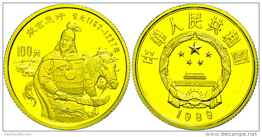 100 Yuan, Gold, 1989, Chinggis Khan, KM 252, In Kapsel, PP.  PP100 Yuan, Gold, 1989, Chinggis Cham, KM 252, In... - China