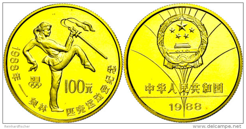 100 Yuan, Gold, 1988, Schwertt&auml;nzerin, KM 206, In Kapsel, PP.  PP100 Yuan, Gold, 1988, Sword Dancer, KM... - China