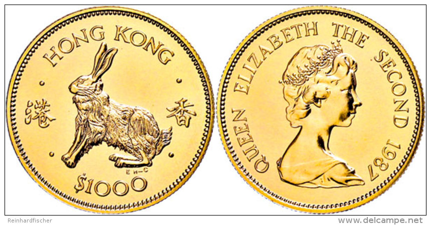 Hong Kong, 1000 Dollars, Gold, 1987, Jahr Des Hasen, Fb. 5, In Kapsel, St.  StHong Kong, 1000 Dollars, Gold,... - China