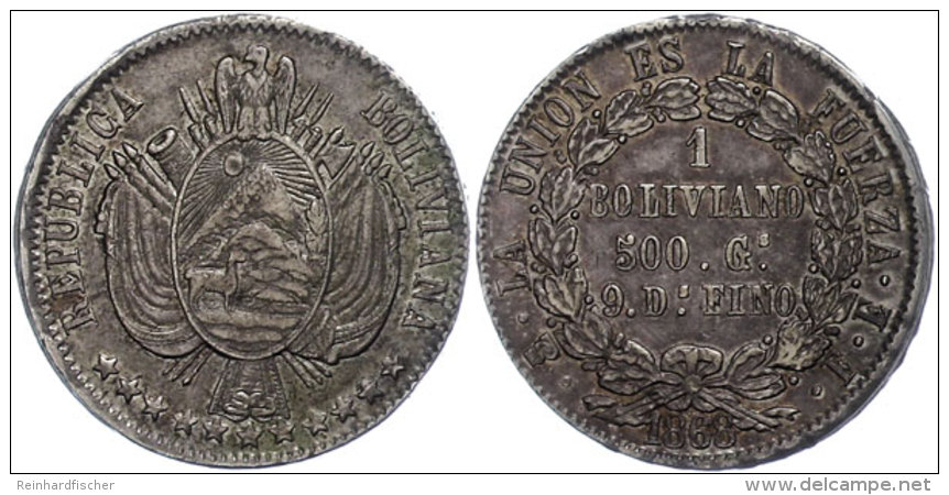 Boliviano,1868, La Plata, FE, KM 152.2, Kl. Rf., Ss+  Boliviano, 1868, La Plata, FE, KM 152. 2, Small Edge... - Bolivia