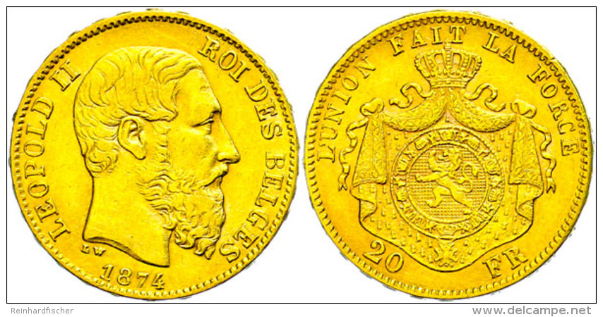 20 Francs, Gold, 1874, Leopold II., Fb. 412, Ss.  Ss20 Franc, Gold, 1874, Leopold II., Fb. 412, Very Fine.  Ss - Other & Unclassified
