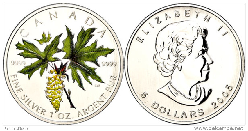 5 Dollars, 2005, Maple Leaf - Gr&uuml;n (Tampondruck), Im Etui Mit OVP Und Zertifikat, PP.  PP5 Dollars, 2005,... - Other & Unclassified