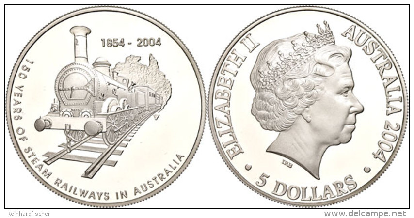 5 Dollars, 2004, 150 Jahre Eisenbahn In Australien, KM 730, Sch&ouml;n 796, Im Etui Mit OVP Und Zertifikat, Auflage... - Other & Unclassified