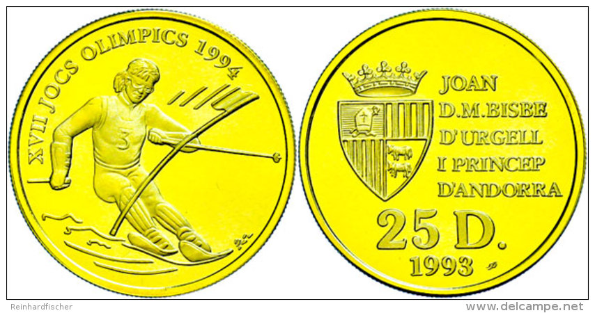 25 Dinars, Gold, 1993, Slalom, 585er Gold, KM 81, In Kapsel, Mit Zertifikat, PP.  PP25 Dinars, Gold, 1993,... - Andorra