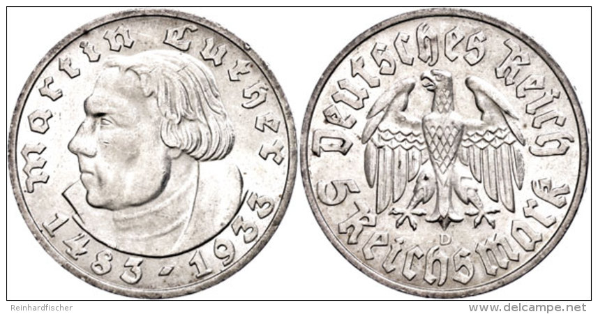 5 Reichsmark, 1933, D, Luther, Vz., Katalog: J. 353 5 Reichmark, 1933, D, Luther, Extremley Fine, Catalogue: J.... - Other & Unclassified