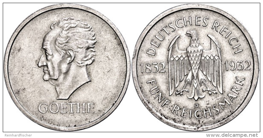 5 Reichsmark, 1932, J, Goethe, Randfehler, Vz., Katalog: J. 351 Vz5 Reichmark, 1932, J, Goethe, Margin Fault,... - Other & Unclassified