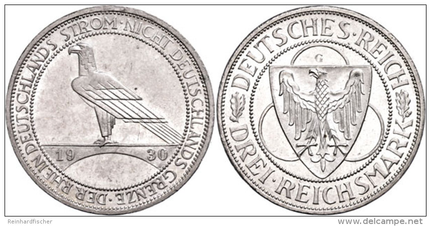 3 Reichsmark, 1930, G, Rheinlandr&auml;umung, Vz+., Katalog: J. 345 3 Reichmark, 1930, G, Rhineland Eviction,... - Other & Unclassified