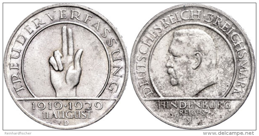 3 Reichsmark, 1929, D, Schwurhand, Vz+., Katalog: J. 340 3 Reichmark, 1929, D, Oath Hand, Extremly Fine .,... - Other & Unclassified