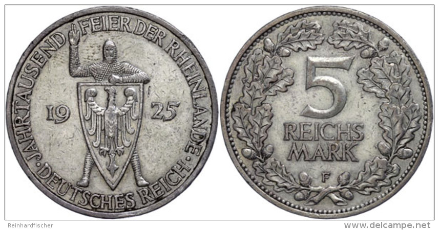 5 Reichsmark, 1925, F, Rheinlande, Randfehler, Ss+., Katalog: J. 322 5 Reichmark, 1925, F, Rhine Countries,... - Other & Unclassified