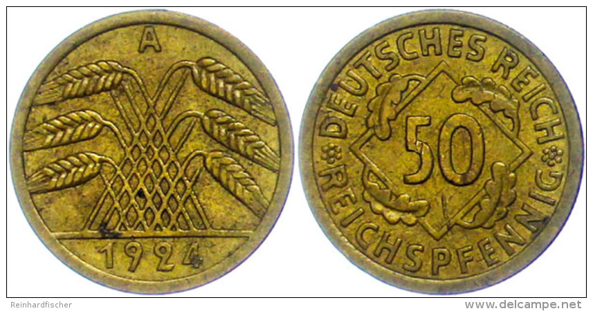 50 Reichspfennig,1924, A, Kl. Rf., Vz., Katalog: J. 318 Vz50 Reichs Penny, 1924, A, Small Edge Nick, Extremley... - Other & Unclassified