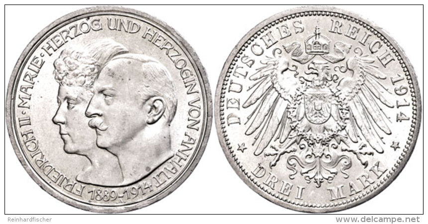 3 Mark, 1914, Friedrich II., Zur Silbernen Hochzeit, Kl. Rf., Vz+., Katalog: J. 24 3 Mark, 1914, Friedrich II.,... - Other & Unclassified