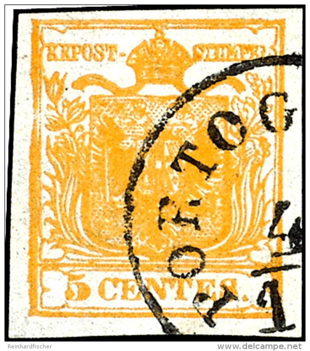 5 C. Dunkelorange, D&uuml;nnes Handpapier, Type I, Linker  Randdruck Mit Aufhellung Der Farbe Neben Der Lorbeer... - Lombardy-Venetia