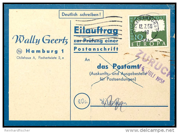 10 Pfg. CEPT Als Portogerechte Einzelfrankatur Auf Anschriftenpr&uuml;fkarte Aus HAMBURG 12.7.58 Nach Hildesheim... - Other & Unclassified