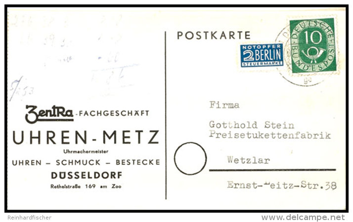 2 Pfg. Mit Wasserzeichen 3 Y Auf Firmenpostkarte Aus D&Uuml;SSELDORF 2.2.53 Mit 10 Pfg. Posthorn Nach Wetzlar,... - Other & Unclassified