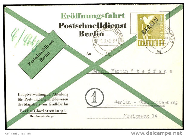 1 M. Schwarzaufdruck Auf Amtlichen Postschnelldienst-FDC Ab BERLIN-CHARLOTTENBURG 1.3.49 Gebraucht Mit Gr&uuml;nem... - Other & Unclassified