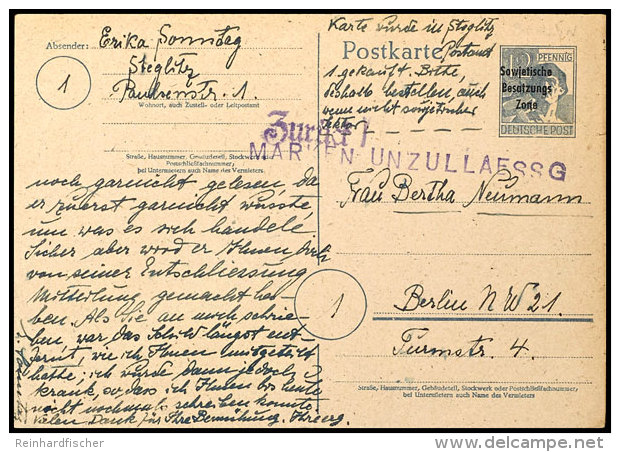 1949, SBZ 12 Pfg. Maschinenaufdruck-Ganzsachenkarte (datiert Steglitz 20.2.1949 Mit Viel Bedarfstext) Mit Violettem... - Other & Unclassified