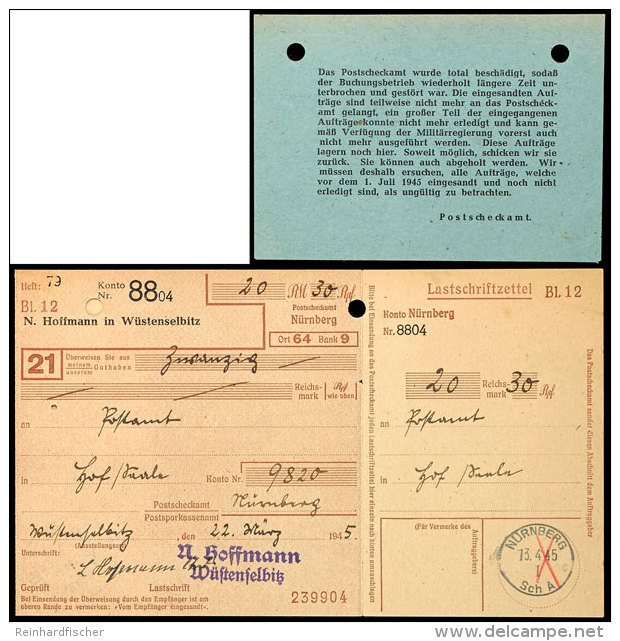 1945, Lastschriftzettel Mit Stempel N&Uuml;RNBERG SchA 13.4.45, Nicht Mehr Ausgef&uuml;hrt Mit Gr&uuml;nem... - Other & Unclassified