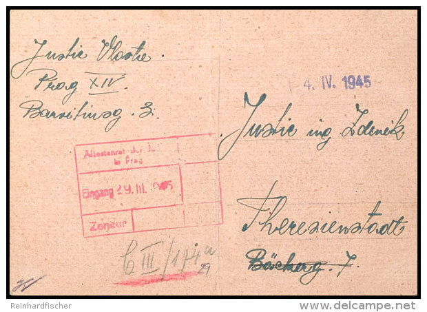 Theresienstadt: 1945, Unfrankierte Postkarte Aus Prag Mit Rotem Ra4 "&Auml;ltestenrad Der Juden In Prag/Eingang... - Other & Unclassified