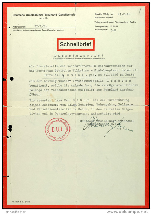 Dienstausweis Vom 24.2.42, Der Von Der Deutschen Umsiedlungs-Treuhand-Gesellschaft M.b.H In Berlin F&uuml;r Den... - Other & Unclassified