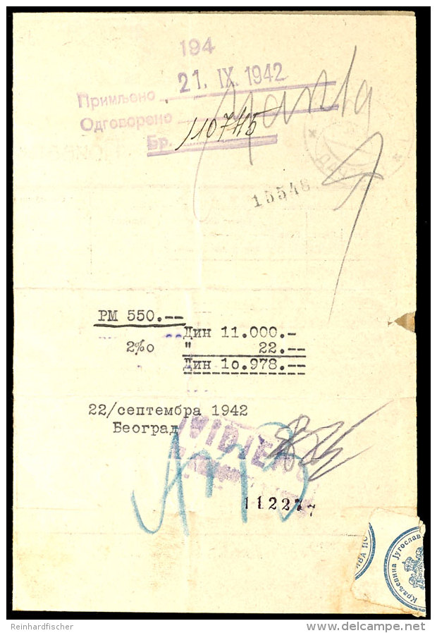 Telegramm Mit Stpl. GLAVNI TELEGRAF BEOGRAD Vom 20.9.42 An Die Serbische Nationalbank In Belgrad &uuml;ber... - Other & Unclassified