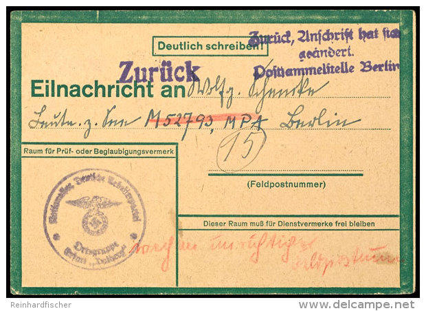 1945, Gr&uuml;ne Eilnachrichtenkarte Mit Partiedienstsiegel, Gebraucht Aus Erfurt ( 19.II.45) An Die... - Other & Unclassified