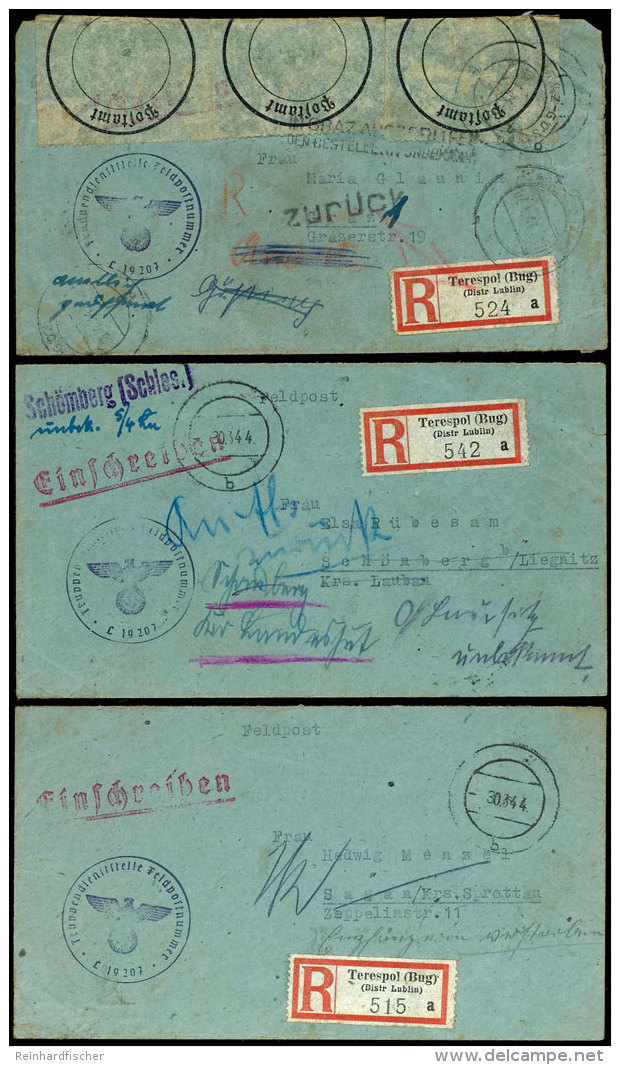 1944, 3 Feldpost-R-Dienstbriefe Aus Terespol (BUG) Nach Sagan, Sch&ouml;nberg Und Graz, Jeweils Retour Mit... - Other & Unclassified