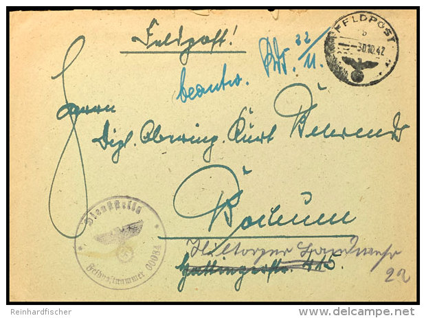 1942, SS-Feldpostbrief Mit Normstempel "b 30.10.42" Sowie Briefstempel Und Absender-Vermerk Mit Feldpostnummer... - Other & Unclassified
