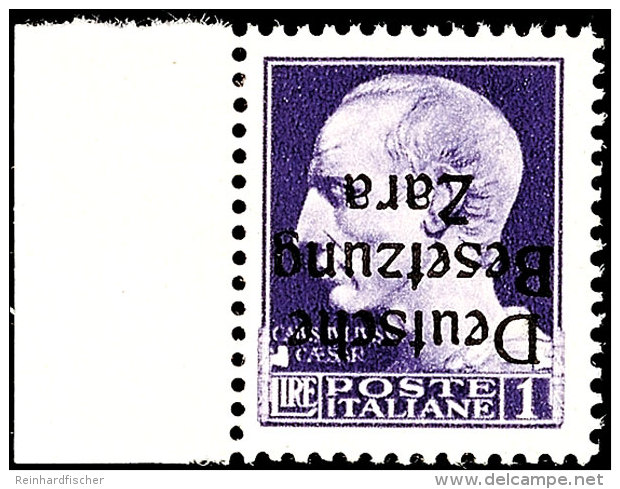 1 Lire Freimarke Mit Dreizeiligem Schwarzem Aufdruck In Type II, Abart "kopfstehender Aufdruck", Vom Rechten... - German Occ.: Zara